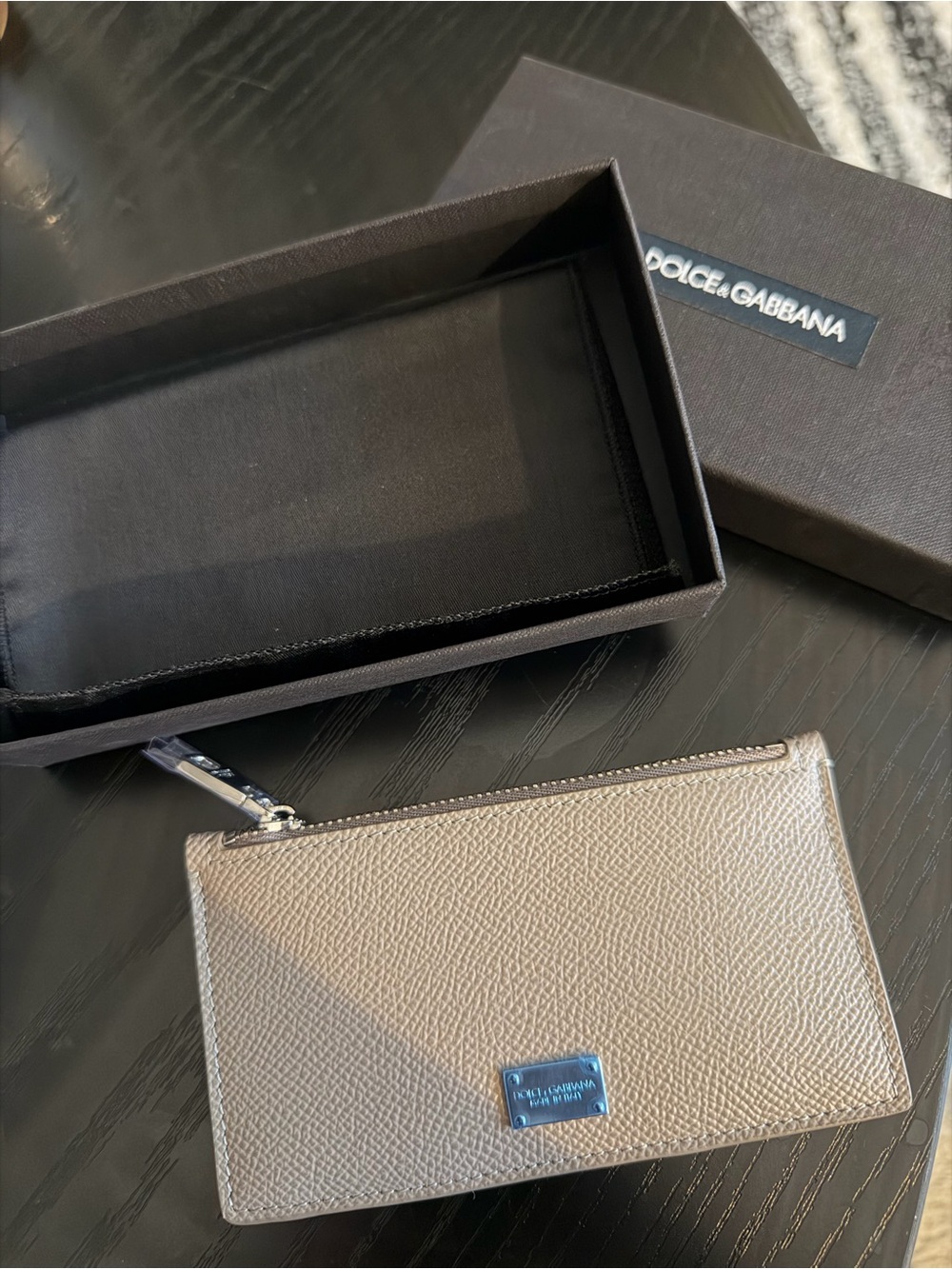 Dolce & Gabbana Metallic Taupe Leather Zip Card Wallet with Silver Plaque